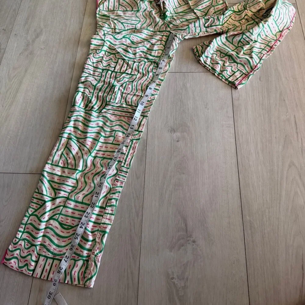 Zara Linen Blend Graffiti Print Pant Cream Green Pink Jogger Pajama Trouser siz